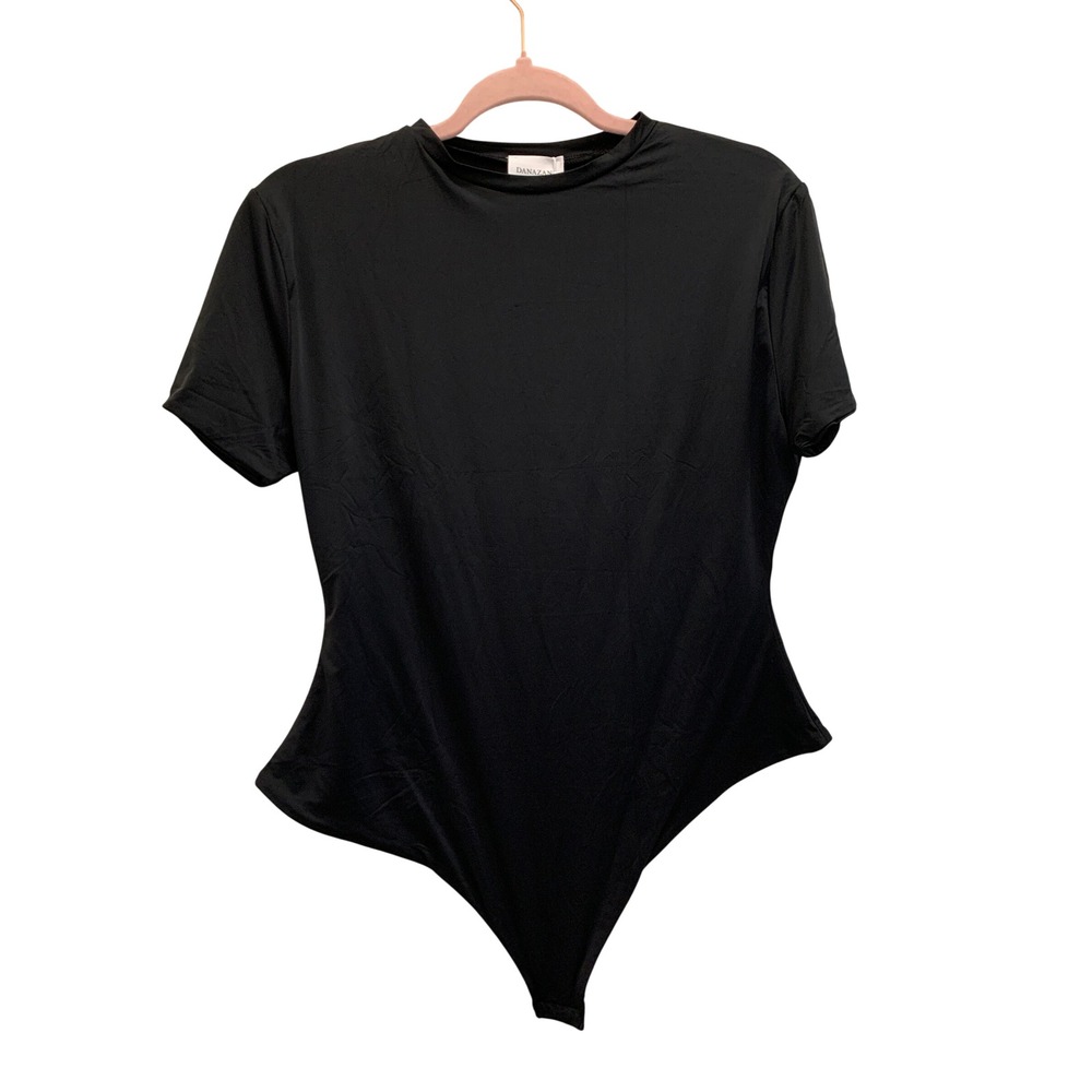 Black Short Sleeve Thong Bodysuit Women Large Stretch Crew Neck Snap‎ Crotch NWT